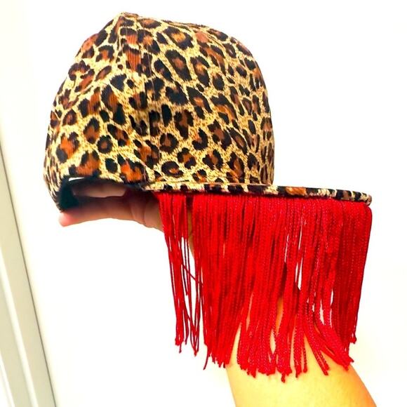Leopard Print Cap with Red Fringe – Handmade Festival Party Hat